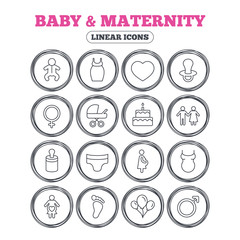 Baby and Maternity icons. Toddler, diapers and child footprint symbols. Heart, birthday cake and pacifier thin outline signs. Pregnant woman, couple and air balloons. Vector