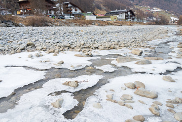 Ice crystal emerge on the river in Sölden, Austria 