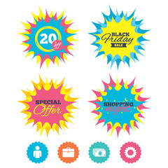 Shopping night, black friday stickers. Businessman icons. Human silhouette and cash money signs. Case and gear symbols. Special offer. Vector