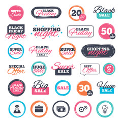 Sale shopping stickers and banners. Businessman icons. Human silhouette and cash money signs. Case and gear symbols. Website badges. Black friday. Vector