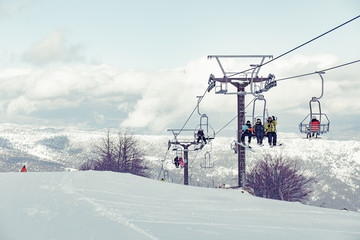 Fototapeta na wymiar Funicular in ski resort at winter in Greece