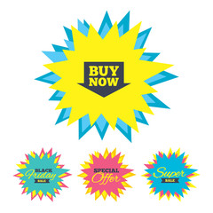 Sale stickers and banners. Buy now sign icon. Online buying arrow button. Star labels. Vector
