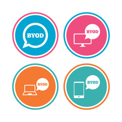 BYOD icons. Notebook and smartphone signs. Speech bubble symbol. Colored circle buttons. Vector