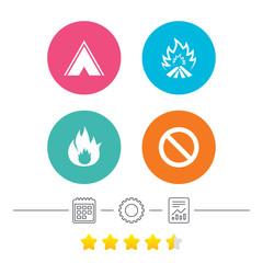 Tourist camping tent icon. Fire flame and stop prohibition sign symbols. Calendar, cogwheel and report linear icons. Star vote ranking. Vector