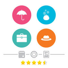 Clothing accessories icons. Umbrella and headdress hat signs. Wallet with cash coins, business case symbols. Calendar, cogwheel and report linear icons. Star vote ranking. Vector