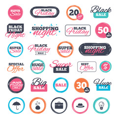 Obraz premium Sale shopping stickers and banners. Clothing accessories icons. Umbrella and headdress hat signs. Wallet with cash coins, business case symbols. Website badges. Black friday. Vector