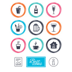 Coffee, tea icons. Beer, wine and cocktail signs. Soft and alcohol drinks symbols. Report document, information icons. Vector
