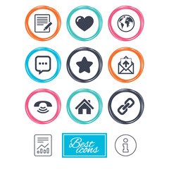 Mail, contact icons. Favorite, like and internet signs. E-mail, chat message and phone call symbols. Report document, information icons. Vector