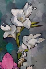 painting still life oil  texture, irises impressionism art, painted color image, backgrounds and wallpaper, floral pattern on canvas - 127006324