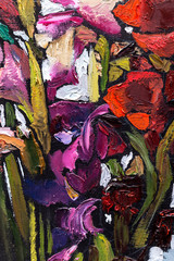 painting still life oil  texture, irises impressionism art, painted color image, backgrounds and wallpaper, floral pattern on canvas - 127006398