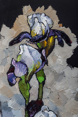 painting still life oil  texture, irises impressionism art, painted color image, backgrounds and wallpaper, floral pattern on canvas - 127006544