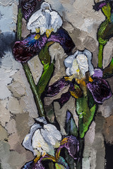 Obraz premium painting still life oil texture, irises impressionism art, painted color image, backgrounds and wallpaper, floral pattern on canvas