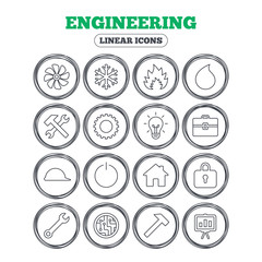Engineering icons. Ventilation, heat and air conditioning symbols. Water supply, repair service and circuit board thin outline signs. Lamp, house and locker. Circle flat buttons with linear icons