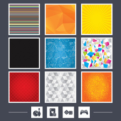 Yellow background. Carbon fiber texture. Mossaic and low poly design. Bowling and Casino icons. Video game joystick and playing card with dice symbols. Entertainment signs. Abstract backgrounds