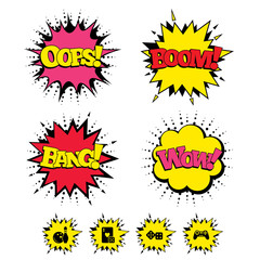 Comic Boom, Wow, Oops sound effects. Bowling and Casino icons. Video game joystick and playing card with dice symbols. Entertainment signs. Speech bubbles in pop art. Vector