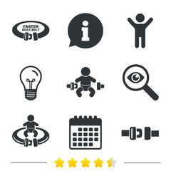 Fototapeta premium Fasten seat belt icons. Child safety in accident symbols. Vehicle safety belt signs. Information, light bulb and calendar icons. Investigate magnifier. Vector