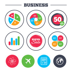 Business pie chart. Growth graph. Airplane icons. World globe symbol. Boarding pass flight sign. Airport ticket with QR code. Super sale and discount buttons. Vector