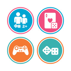 Gamer icons. Board games players signs. Video game joystick symbol. Casino playing card. Colored circle buttons. Vector