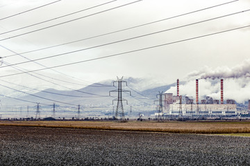 Fototapeta na wymiar Nuclear power plant with power lines