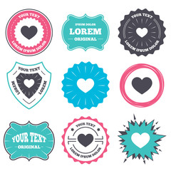 Label and badge templates. Love icon. Heart sign symbol. Retro style banners, emblems. Vector