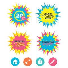 Shopping night, black friday stickers. Home key icon. Wrench service tool symbol. Locker sign. Main page web navigation. Special offer. Vector