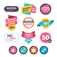 Sale stickers, online shopping. Home key icon. Wrench service tool symbol. Locker sign. Main page web navigation. Website badges. Black friday. Vector