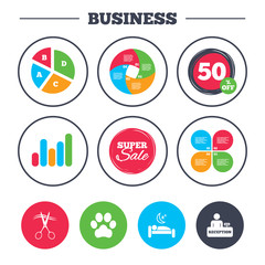 Fototapeta premium Business pie chart. Growth graph. Hotel services icons. With pets allowed in room signs. Hairdresser or barbershop symbol. Reception registration table. Quiet sleep. Super sale and discount buttons