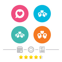 Couple love icon. Lesbian and Gay lovers signs. Romantic homosexual relationships. Speech bubble with heart symbol. Calendar, cogwheel and report linear icons. Star vote ranking. Vector