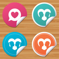 Round stickers or website banners. Couple love icon. Lesbian and Gay lovers signs. Romantic homosexual relationships. Speech bubble with heart symbol. Circle badges with bended corner. Vector