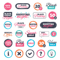 Sale shopping stickers and banners. Information icons. Delete and question FAQ mark signs. Approved check mark symbol. Website badges. Black friday. Vector