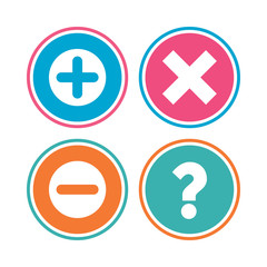 Plus and minus icons. Delete and question FAQ mark signs. Enlarge zoom symbol. Colored circle buttons. Vector