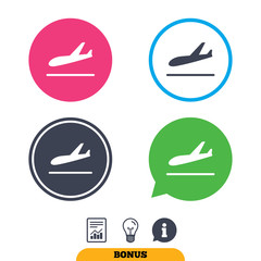 Plane landing icon. Airplane transport symbol. Report document, information sign and light bulb icons. Vector