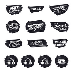 Ink brush sale stripes and banners. Bank loans icons. Cash money bag symbols. Borrow money sign. Get Dollar money fast. Black friday. Ink stroke. Vector