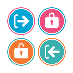 Login and Logout icons. Sign in or Sign out symbols. Lock icon. Colored circle buttons. Vector