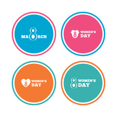 8 March Women's Day icons. Tulips or rose flowers bouquet and heart sign symbols. Colored circle buttons. Vector