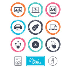Computer devices icons. Printer, laptop signs. Smartphone, monitor and usb symbols. Report document, information icons. Vector