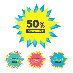 Sale stickers and banners. 50 percent discount sign icon. Sale symbol. Special offer label. Star labels. Vector