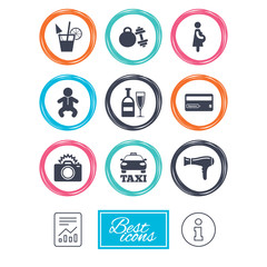 Fototapeta premium Hotel, apartment service icons. Fitness gym. Alcohol cocktail, taxi and hairdryer symbols. Report document, information icons. Vector