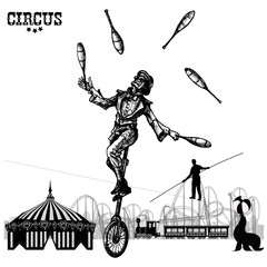 Juggler on a unicycle. Hand drawn illustration. © redline1980