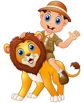 Young boy in safari suit and wild lion cartoon