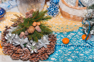 Traditional Christmas background with fir tree branches and Christmas decorations