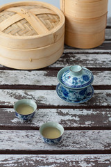 Chinese tea set and bamboo steamers 