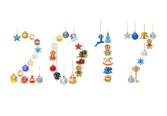 Set of Christmas baubles for Christmas tree, pine, spruce, balls, snowflakes, bells, key, form of inscriptions, 2017, isolated on white