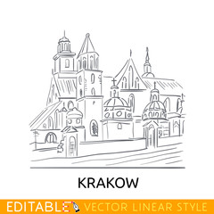 Outline sketch Krakow. Famouse building. Wawel Royal Castle Tourism in Poland