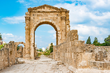 Triumphal Arch in Tyre, Lebanon. It is located about 80 km south of Beirut and has led to its designation as a UNESCO World Heritage Site in 1984.