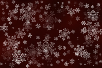 White snowflakes on an abstract dark red background
