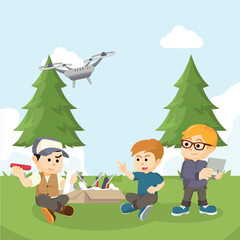 Obraz na płótnie Canvas boy helping friend to assemble drone