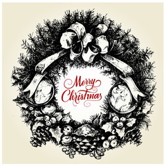 Vector hand drawn Christmas decoration.Wreath illustration