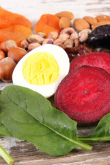 Fototapeta na wymiar Ingredients containing iron and dietary fiber, healthy nutrition