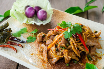 Fried spicy boar food Thailand culinary herbs